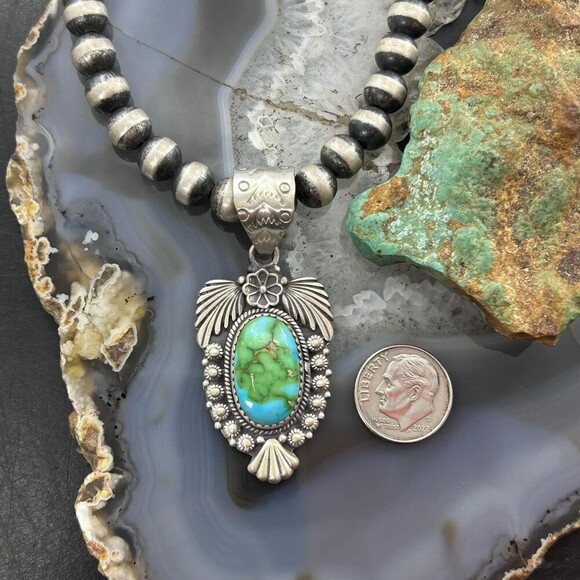 Sterling Southwestern Style Oval Sonora Gold Turquoise Leaves Decorated Pendant - Picture 8 of 10